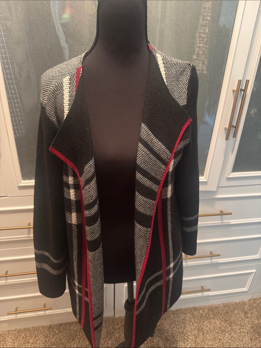 Charter Club Black Plaid Open-Front Cardigan with Red Trim